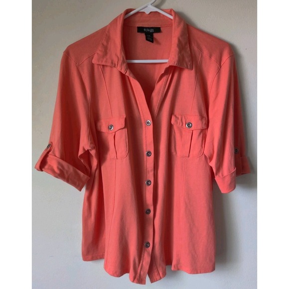 Style & Co Petite Women's Button Up Roll Tab Sleeve Top Coral/Melon Size PXL - Picture 1 of 4